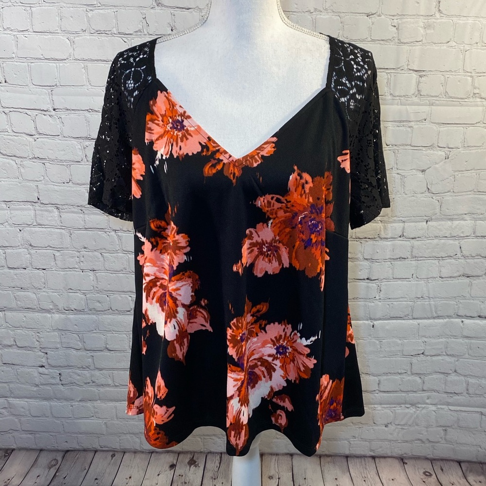 SIMPLY BE Black & Red Floral Print & Lace Trim Top-16